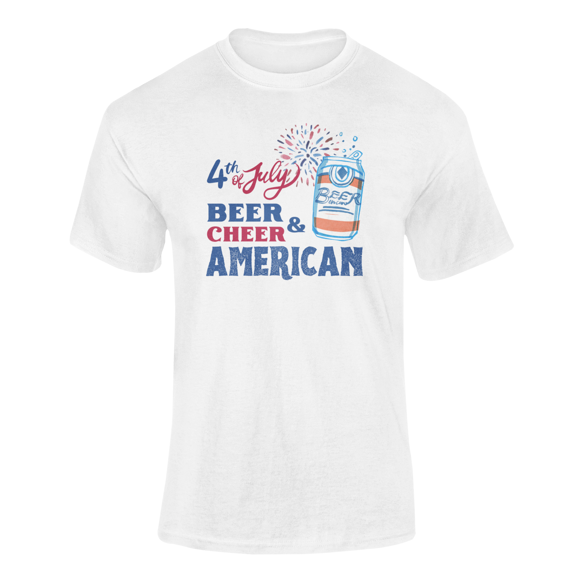 Funny 4th of July beer t-shirt featuring a red, white, and blue exploding beer can, fireworks, and bold patriotic text saying "Beer & Cheer American." Perfect for Independence Day, beer lovers, and patriotic celebrations.
