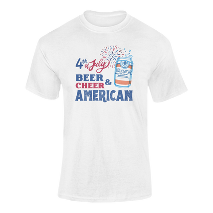 Funny 4th of July beer t-shirt featuring a red, white, and blue exploding beer can, fireworks, and bold patriotic text saying "Beer & Cheer American." Perfect for Independence Day, beer lovers, and patriotic celebrations.