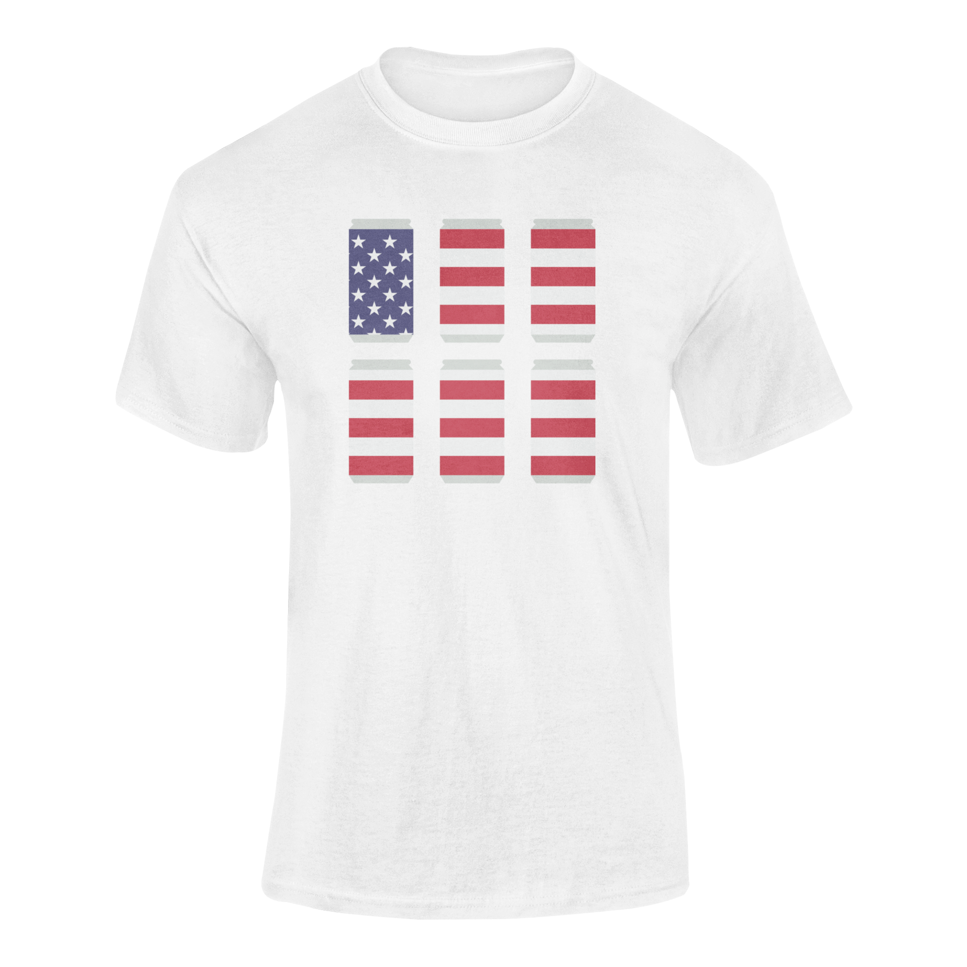 Funny 4th of July beer t-shirt featuring six patriotic beer cans decorated with American flag stripes and stars – perfect for beer lovers and Independence Day parties. Mockup.