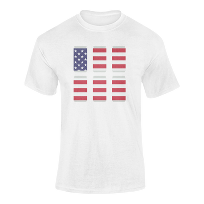 Funny 4th of July beer t-shirt featuring six patriotic beer cans decorated with American flag stripes and stars – perfect for beer lovers and Independence Day parties. Mockup.
