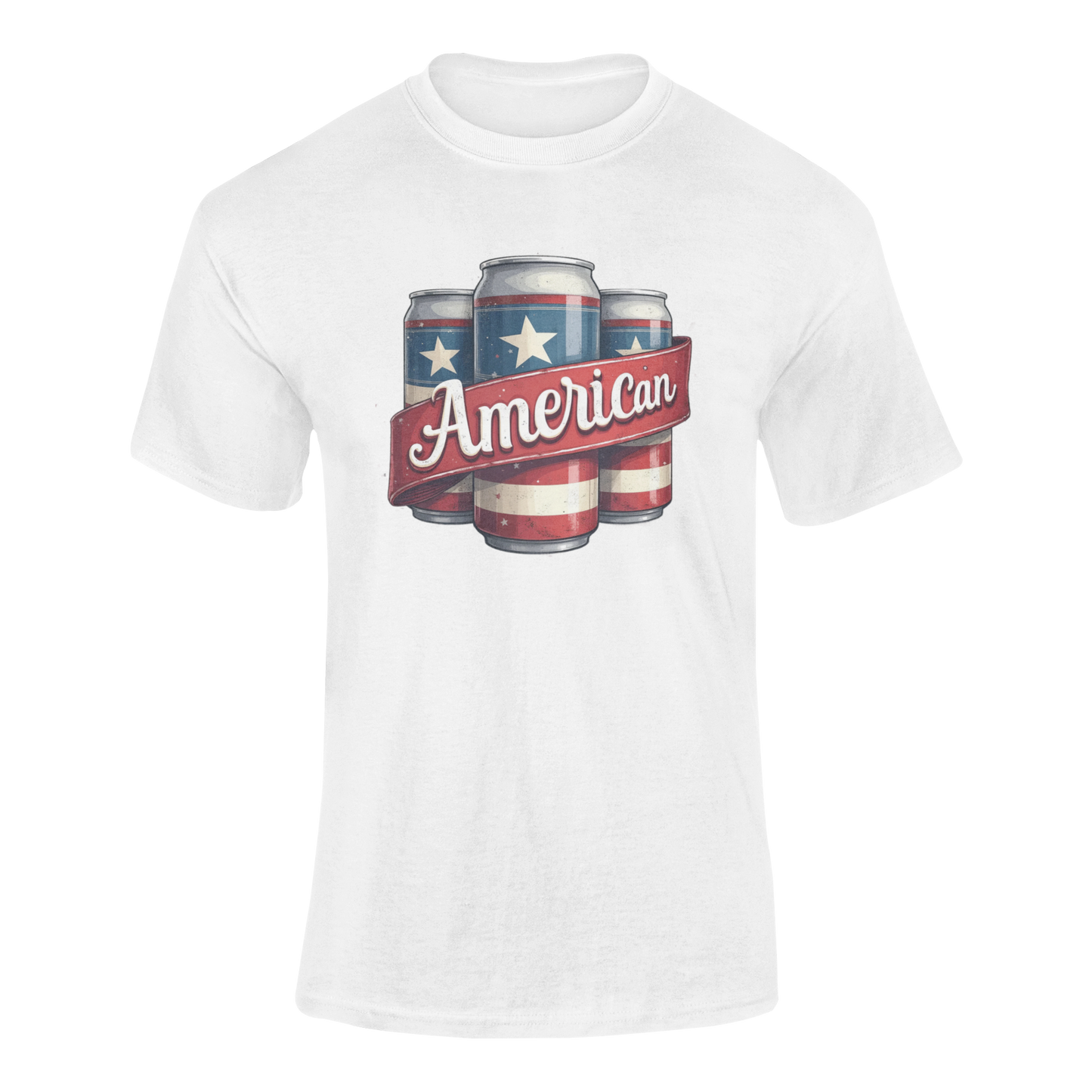 Patriotic beer t-shirt featuring a vintage-style illustration of American flag beer cans with a bold "American" banner. Ghosted mockup.
