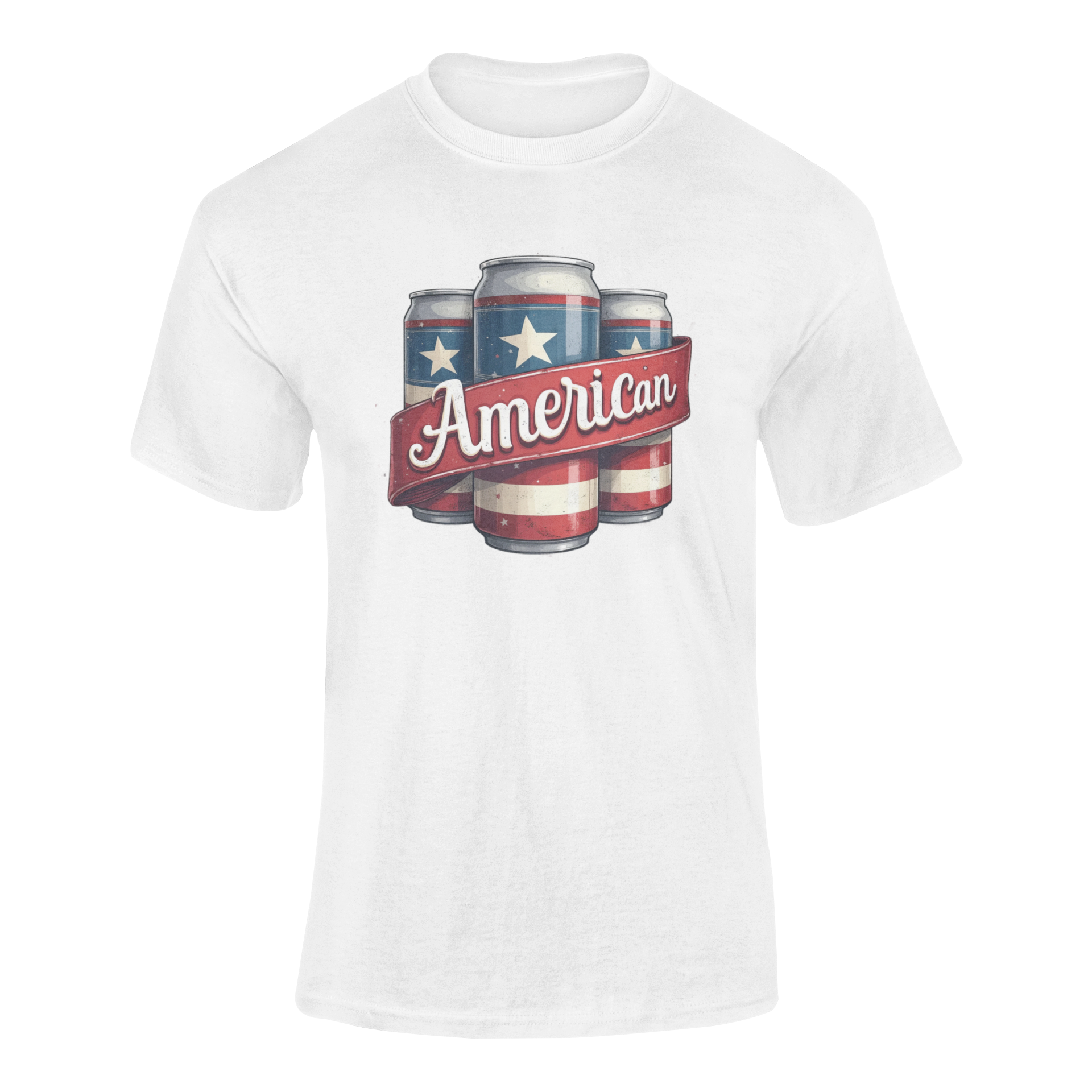 Patriotic beer t-shirt featuring a vintage-style illustration of American flag beer cans with a bold "American" banner. Ghosted mockup.