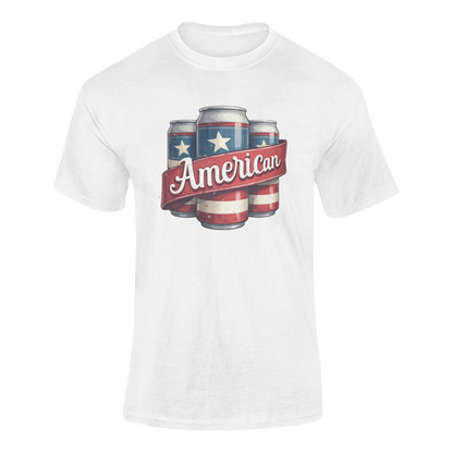 Patriotic beer t-shirt featuring a vintage-style illustration of American flag beer cans with a bold "American" banner. Ghosted mockup.