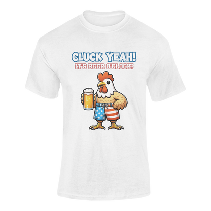 Funny 4th of July chicken drinking beer t-shirt with Cluck Yeah! It’s Beer O’Clock text. Patriotic beer lover shirt for BBQ, party, and drinking humor. Ghosted mockup.