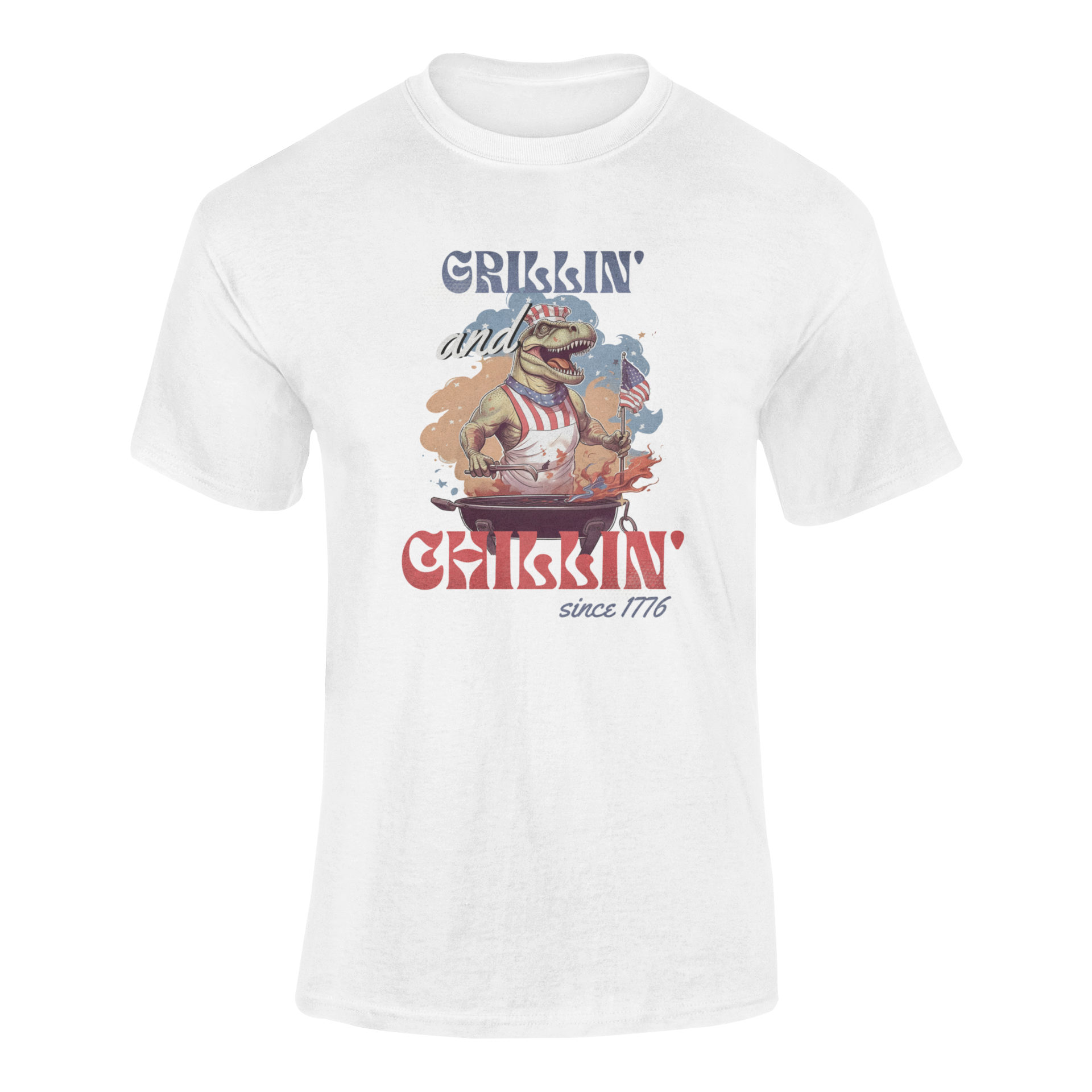 Funny 4th of July BBQ t-shirt featuring a patriotic T-Rex grilling in a red, white, and blue apron, waving an American flag. Perfect for beer and BBQ lovers. Ghosted mockup.