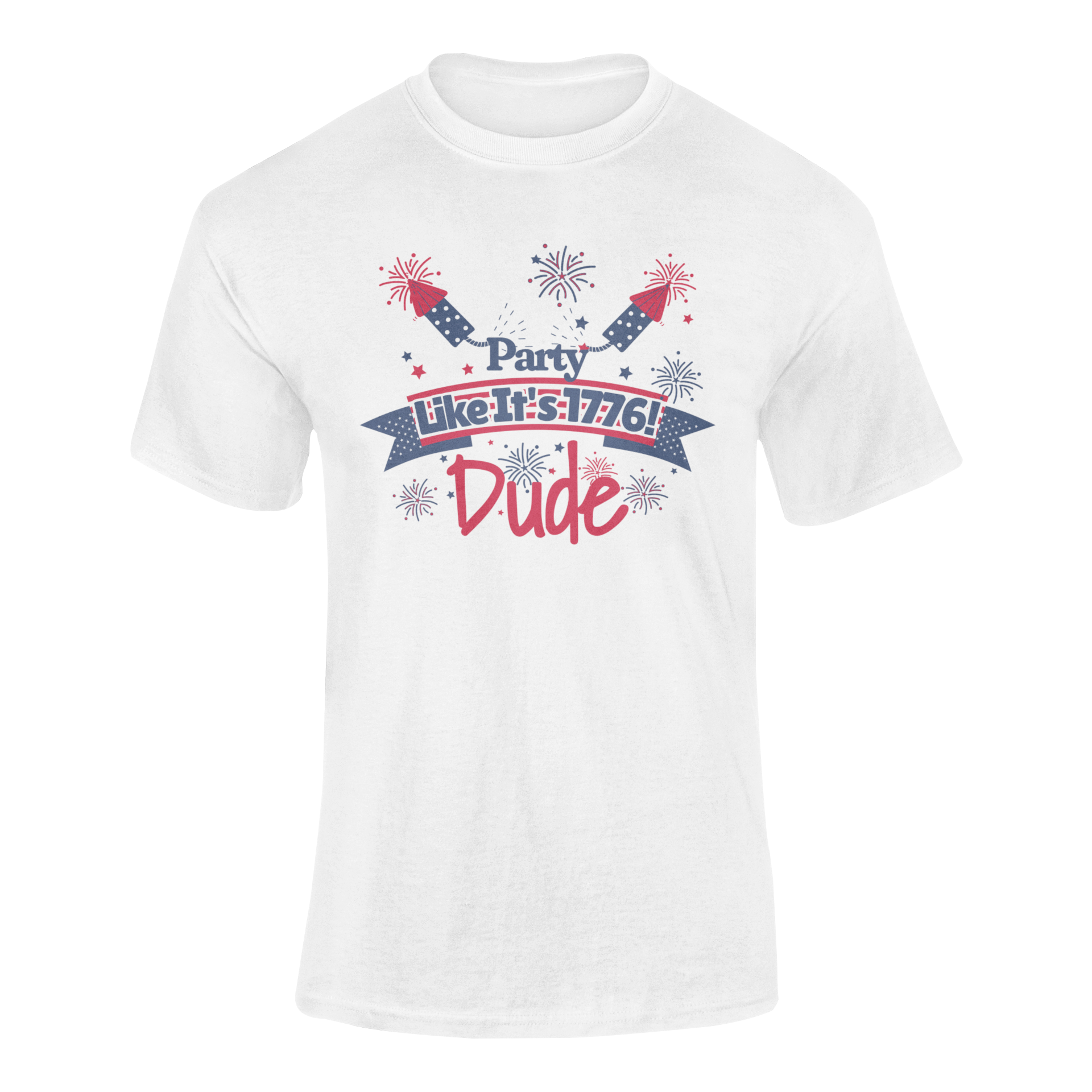 Funny 4th of July t-shirt with "Party Like It’s 1776 Dude" in patriotic red, white, and blue, featuring fireworks, rockets, and a bold Independence Day theme. Ghosted mockup.