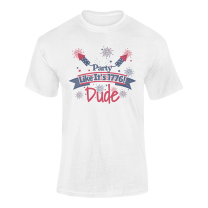 Funny 4th of July t-shirt with "Party Like It’s 1776 Dude" in patriotic red, white, and blue, featuring fireworks, rockets, and a bold Independence Day theme. Ghosted mockup.