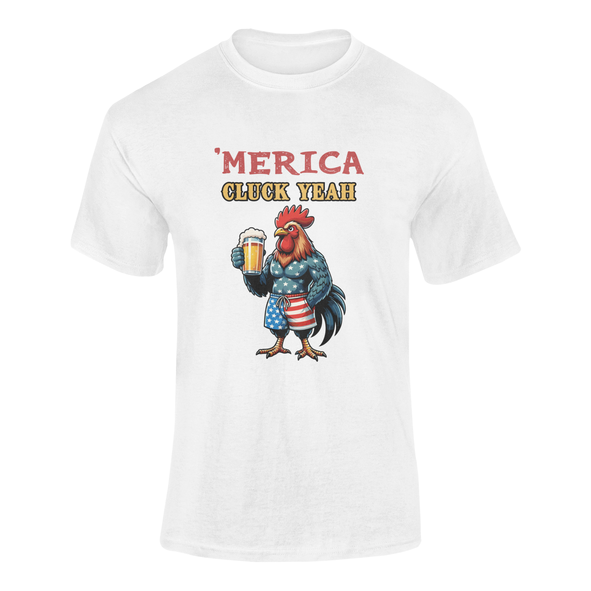 Patriotic rooster holding a beer, wearing American flag shorts, with funny alcohol quote “’Merica – Cluck Yeah!” on a black background. Ghosted mockup.