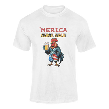 Patriotic rooster holding a beer, wearing American flag shorts, with funny alcohol quote “’Merica – Cluck Yeah!” on a black background. Ghosted mockup.