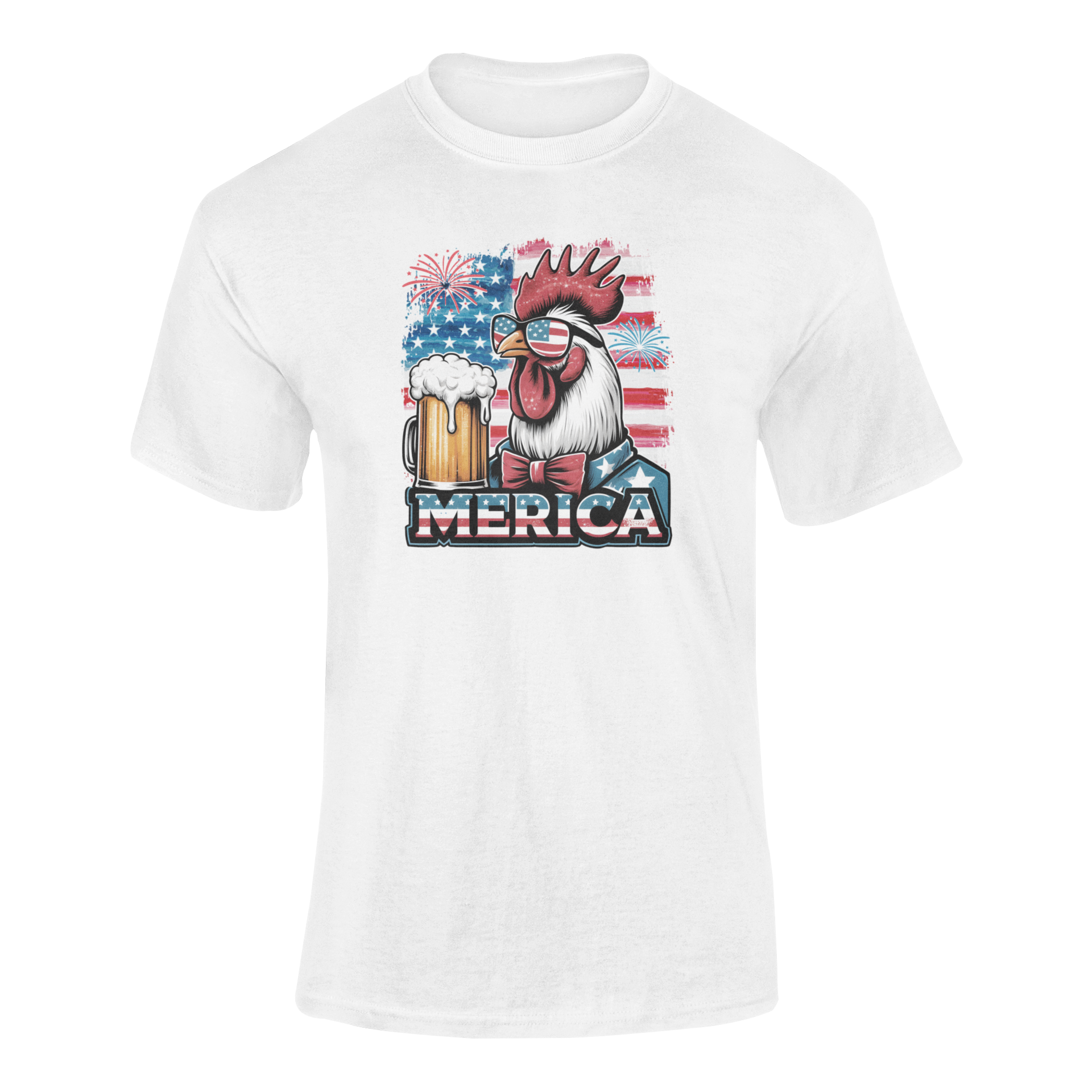 Cool rooster wearing American flag sunglasses and bowtie, holding a beer mug, with fireworks and USA flag in the background. Ghosted mockup.