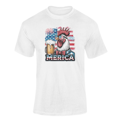 Cool rooster wearing American flag sunglasses and bowtie, holding a beer mug, with fireworks and USA flag in the background. Ghosted mockup.