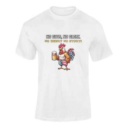 Rock this bold patriotic rooster t-shirt featuring the funny alcohol quote "No Guts, No Glory. No Beer? No Story!" Perfect for beer lovers, BBQ warriors, and true Americans. Get yours today! Ghosted mockup.