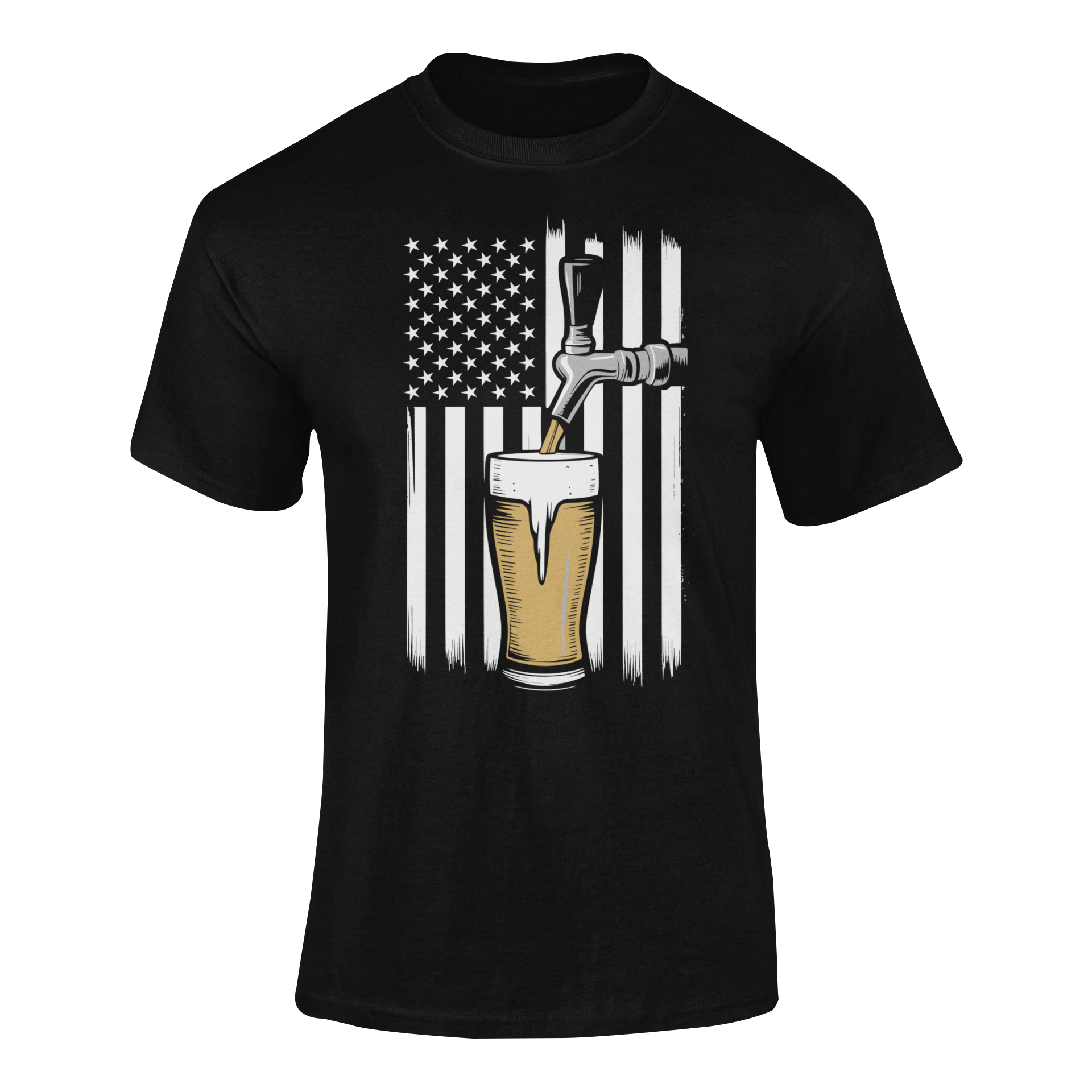 American flag-themed beer design featuring a tap pouring a golden pint in front of a black-and-white U.S. flag. Ghosted mockup.