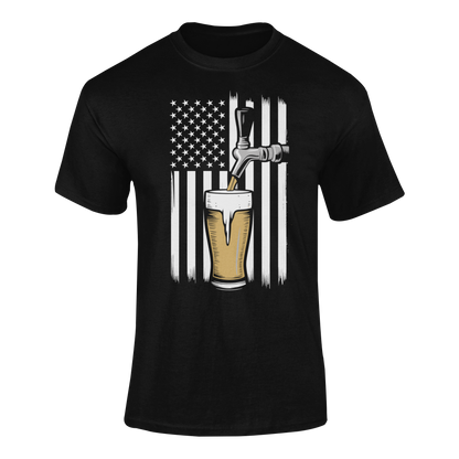 American flag-themed beer design featuring a tap pouring a golden pint in front of a black-and-white U.S. flag. Ghosted mockup.