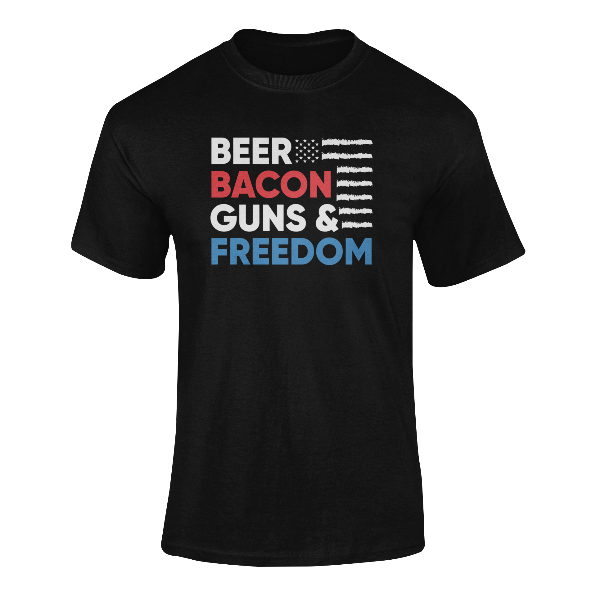 Funny quote Beer Bacon Guns & Freedom T-Shirt with bold red, white & blue American flag design – perfect for patriots and beer lovers. Ghosted mockup.