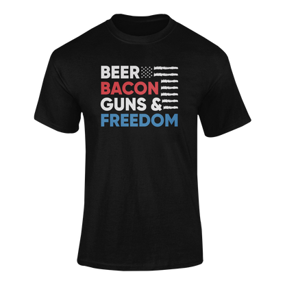 Funny quote Beer Bacon Guns & Freedom T-Shirt with bold red, white & blue American flag design – perfect for patriots and beer lovers. Ghosted mockup.