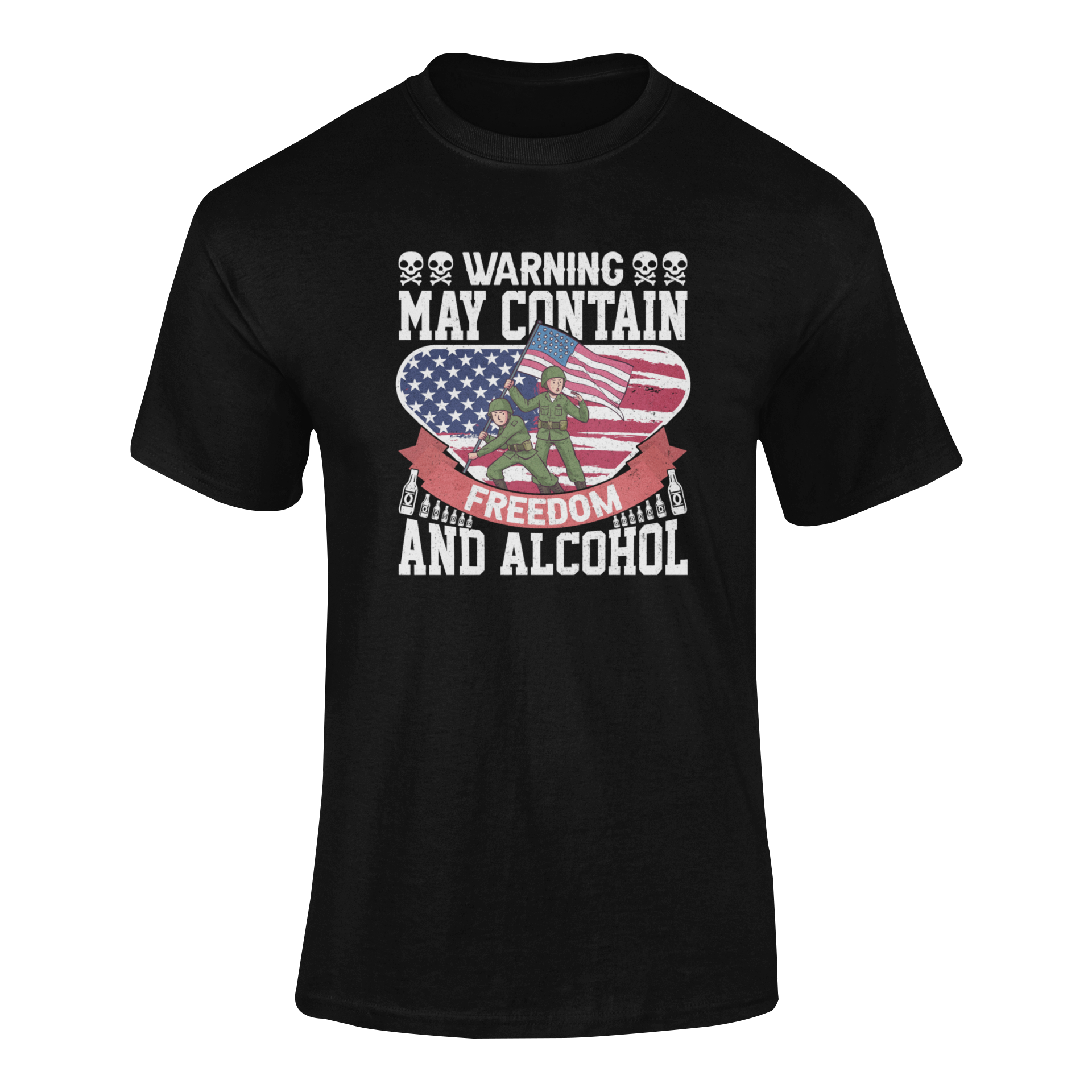Funny ‘Warning May Contain Freedom & Alcohol’  quote T-Shirt with military soldiers raising an American flag – perfect for beer lovers and patriots. Ghosted mockup.