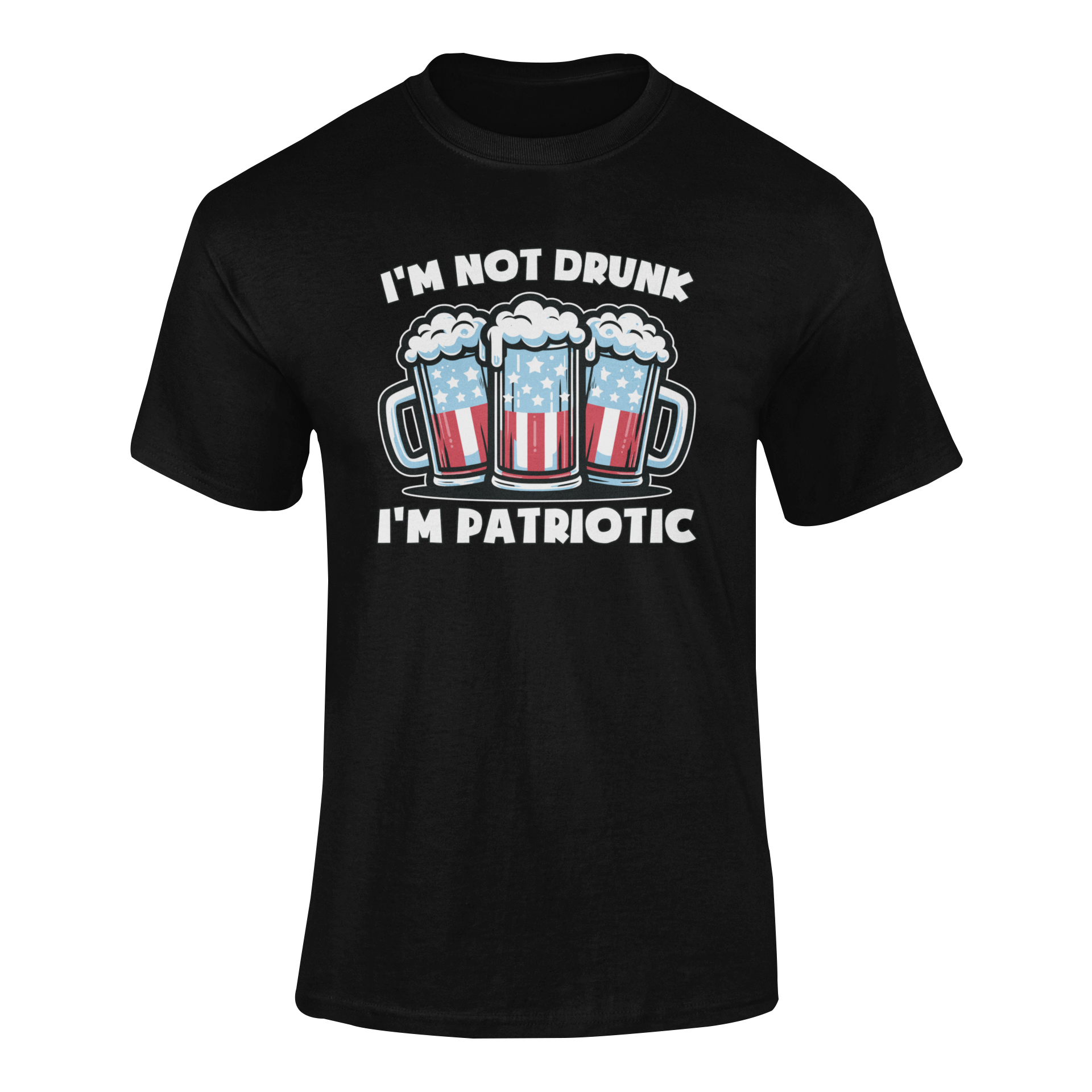 Funny ‘I’m Not Drunk, I’m Patriotic’ alcohol quote t-shirt featuring three beer mugs with an American flag design – perfect for beer lovers and 4th of July celebrations. Ghosted mockup.