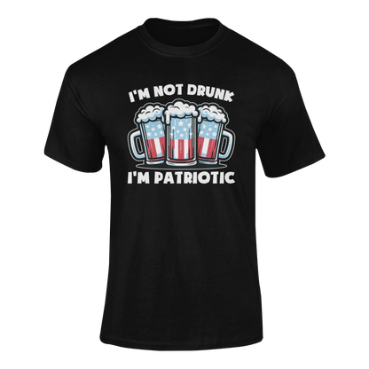 Funny ‘I’m Not Drunk, I’m Patriotic’ alcohol quote t-shirt featuring three beer mugs with an American flag design – perfect for beer lovers and 4th of July celebrations. Ghosted mockup.