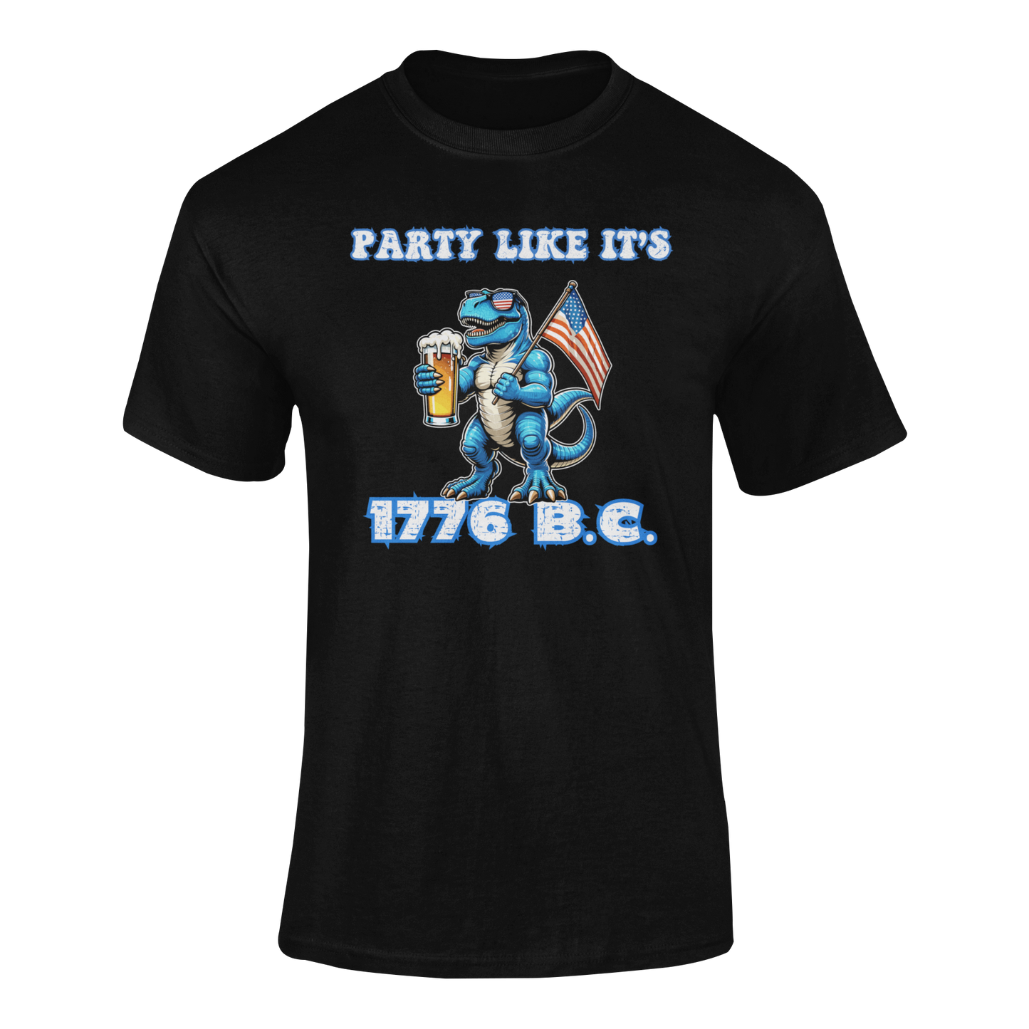 Illustration of a blue T-Rex wearing American flag sunglasses, holding a frosty beer, and waving a USA flag. Funny alcohol quote reads: “Party Like It’s 1776 B.C.” in a bold patriotic font. Ghosted mockup.
