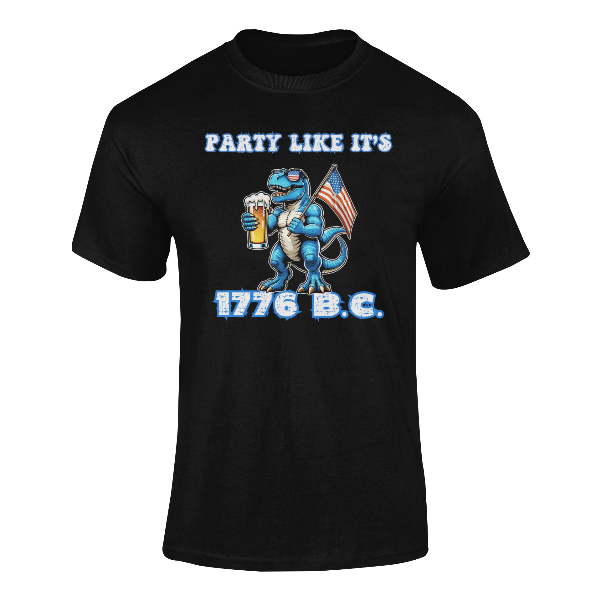 Illustration of a blue T-Rex wearing American flag sunglasses, holding a frosty beer, and waving a USA flag. Funny alcohol quote reads: “Party Like It’s 1776 B.C.” in a bold patriotic font. Ghosted mockup.