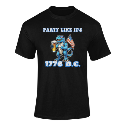 Illustration of a blue T-Rex wearing American flag sunglasses, holding a frosty beer, and waving a USA flag. Funny alcohol quote reads: “Party Like It’s 1776 B.C.” in a bold patriotic font. Ghosted mockup.