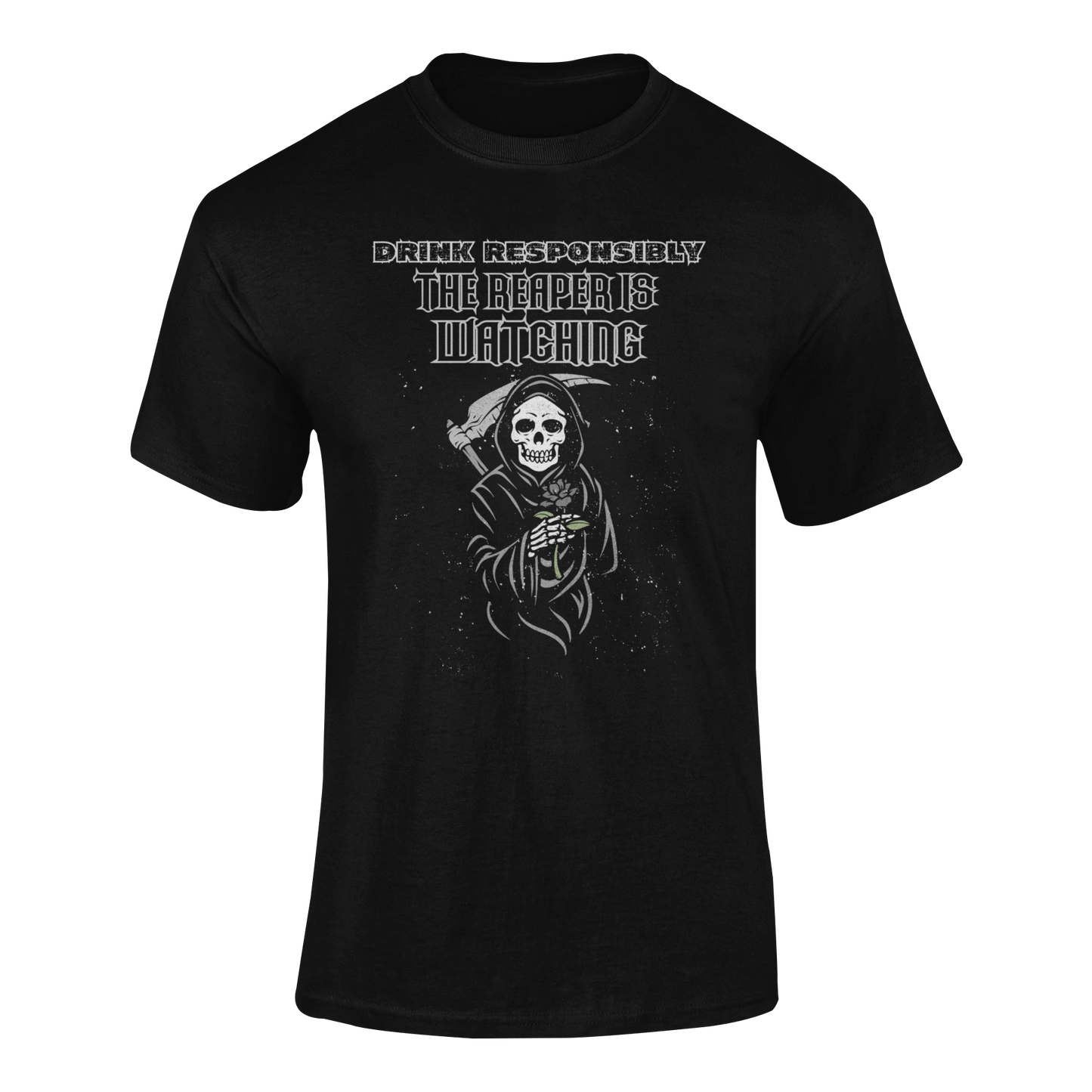 Grim Reaper beer shirt with funny dark humor alcohol quote “Drink Responsibly… The Reaper is Watching” design. Ghosted mockup.