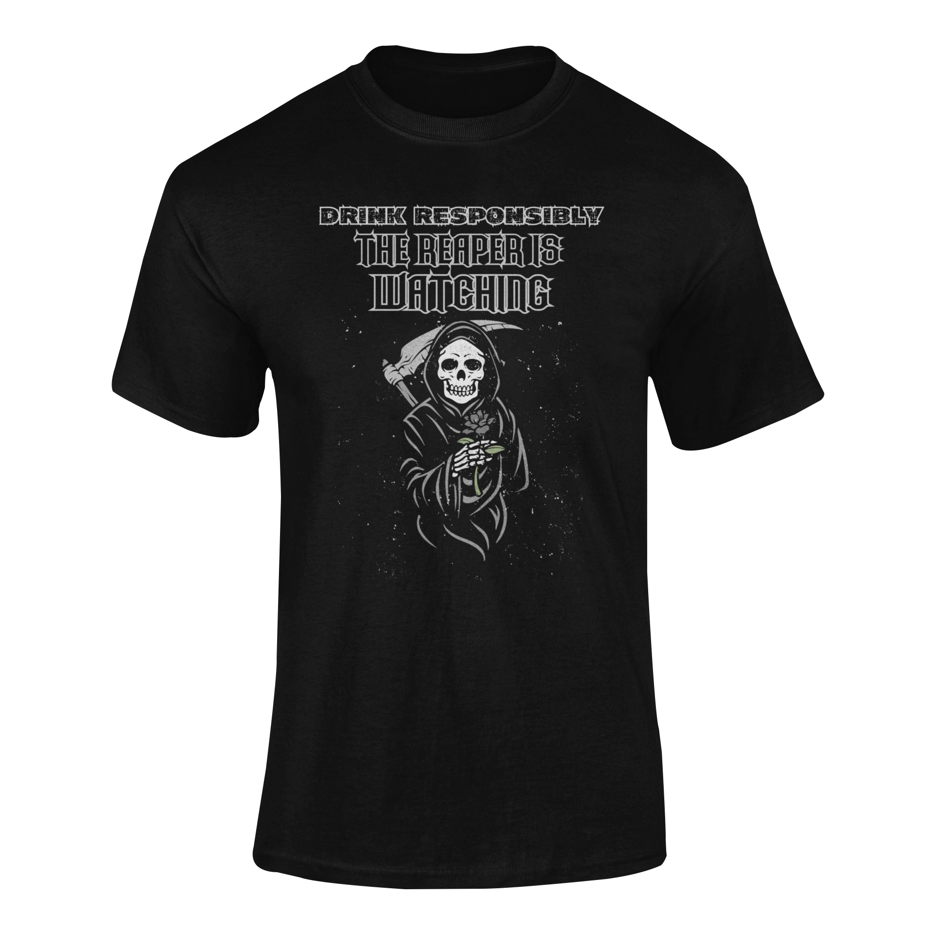 Grim Reaper beer shirt with funny dark humor alcohol quote “Drink Responsibly… The Reaper is Watching” design. Ghosted mockup.