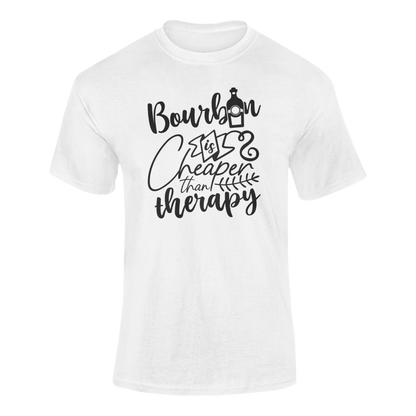 Black and white bourbon-themed typography design featuring the phrase "Bourbon Is Cheaper Than Therapy" with a whiskey bottle illustration. Ghosted mockup. 
