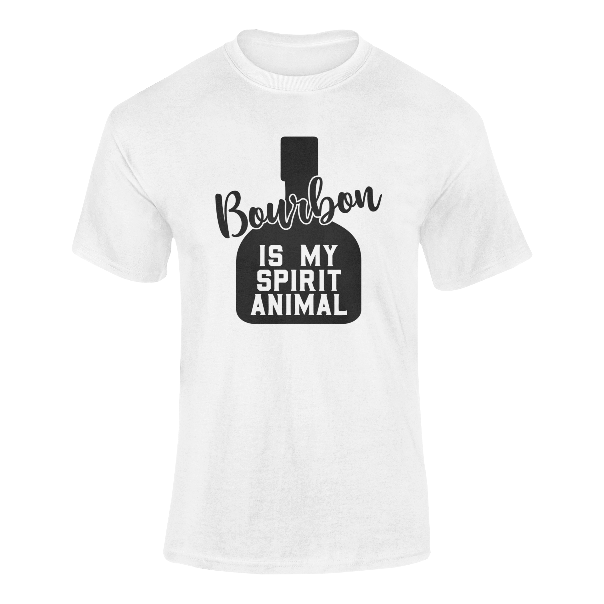 Black and white bourbon-themed typography design featuring the phrase "Bourbon Is My Spirit Animal" inside a whiskey bottle silhouette. Ghosted mockup.