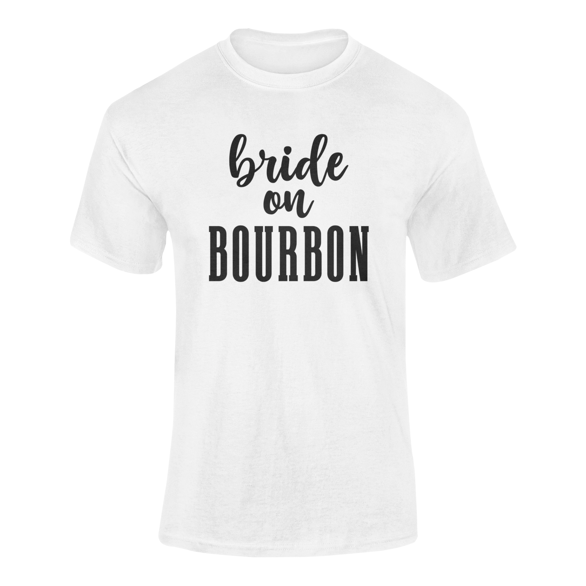 Stylish black text design featuring the phrase "Bride on Bourbon," perfect for whiskey-loving brides and bachelorette celebrations. Ghosted Mockup.