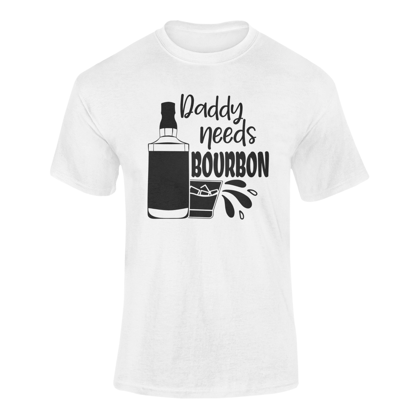 Daddy Needs Bourbon funny whiskey drinking graphic t-shirt for bourbon lovers - ghosted mockup in white.
