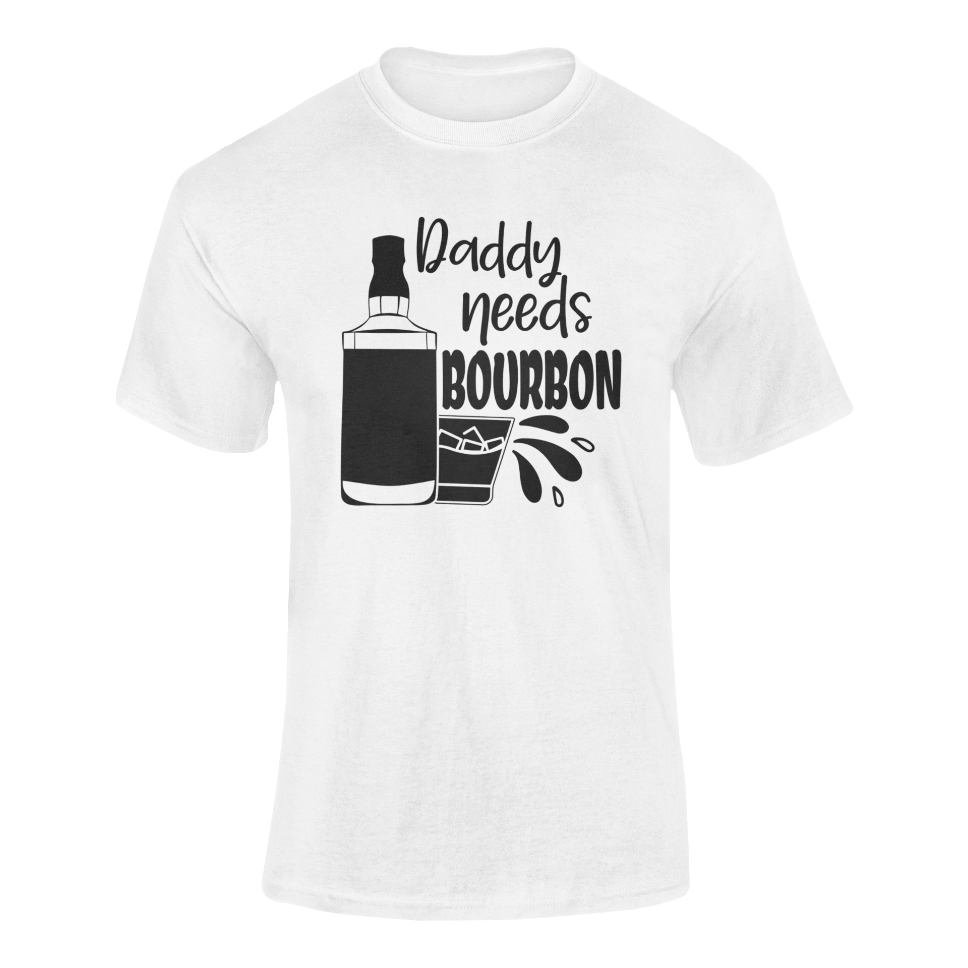 Daddy Needs Bourbon funny whiskey drinking graphic t-shirt for bourbon lovers - ghosted mockup in white.