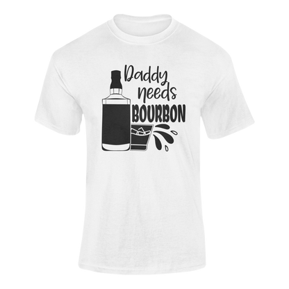 Daddy Needs Bourbon funny whiskey drinking graphic t-shirt for bourbon lovers - ghosted mockup in white.