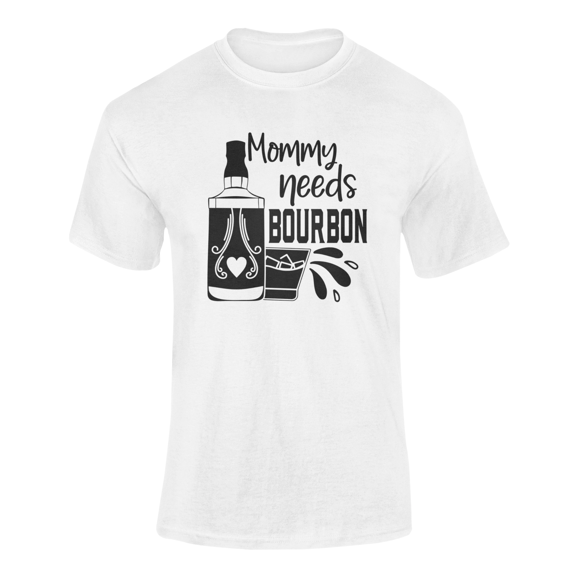 Mommy Needs Bourbon humorous whiskey drinking graphic t-shirt with bourbon bottle and glass design for moms. Ghosted mockup shown in white.