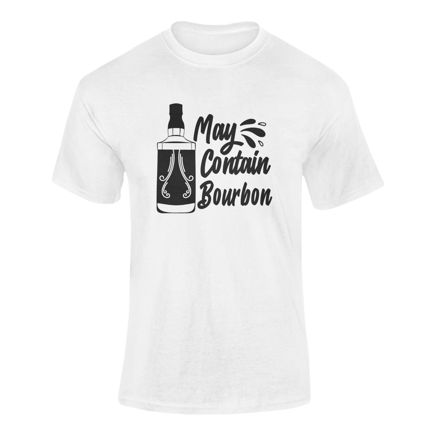 May Contain Bourbon humorous bourbon drinking graphic t-shirt featuring whiskey bottle and splash design - ghosted mockup in white.
