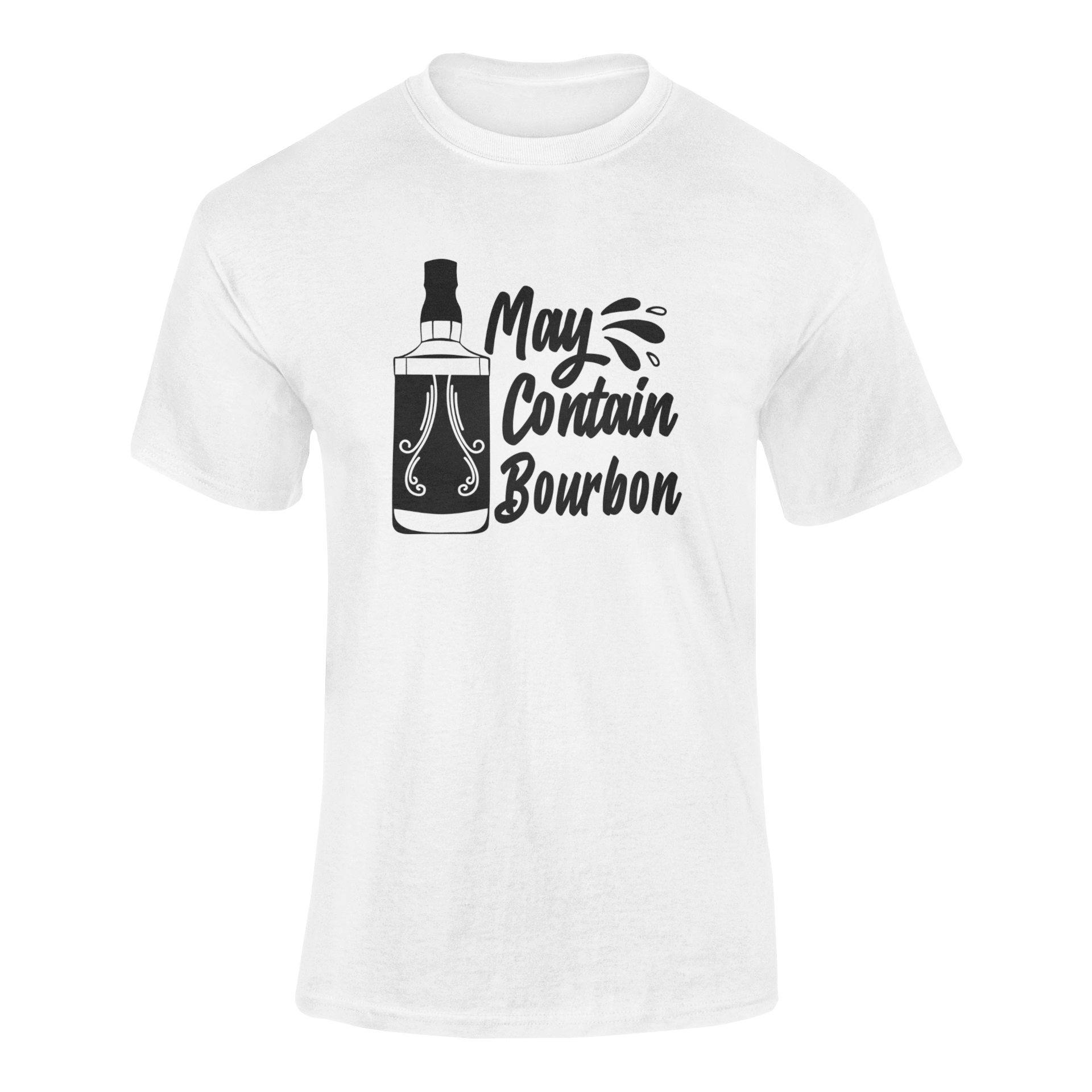 May Contain Bourbon humorous bourbon drinking graphic t-shirt featuring whiskey bottle and splash design - ghosted mockup in white.