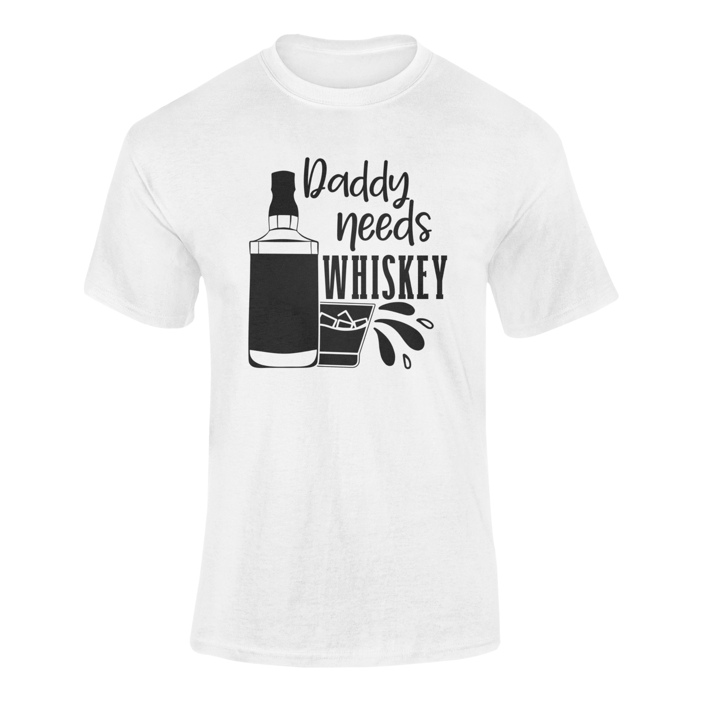 Daddy Needs Whiskey humorous graphic tee with whiskey bottle, glass, and playful drinking quote design. Ghosted mockup in white.