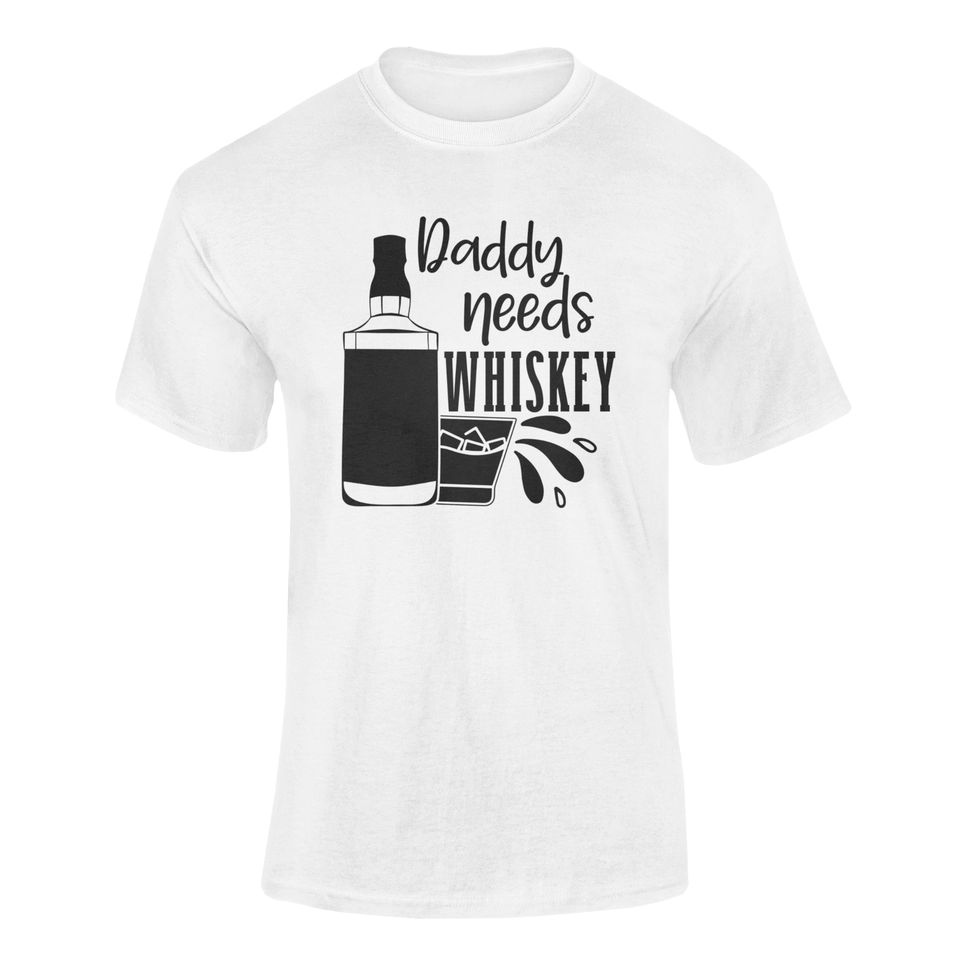 Daddy Needs Whiskey humorous graphic tee with whiskey bottle, glass, and playful drinking quote design. Ghosted mockup in white.