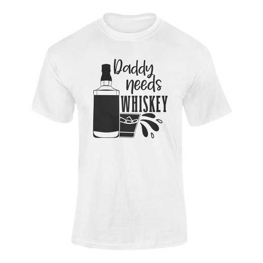 Daddy Needs Whiskey humorous graphic tee with whiskey bottle, glass, and playful drinking quote design. Ghosted mockup in white.