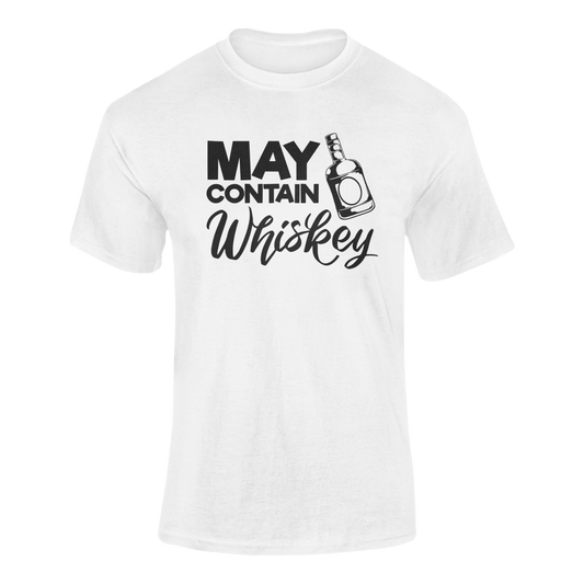 Whiskey-themed design featuring the phrase May Contain Whiskey with a bottle and playful lettering. Ghosted mockup in white.