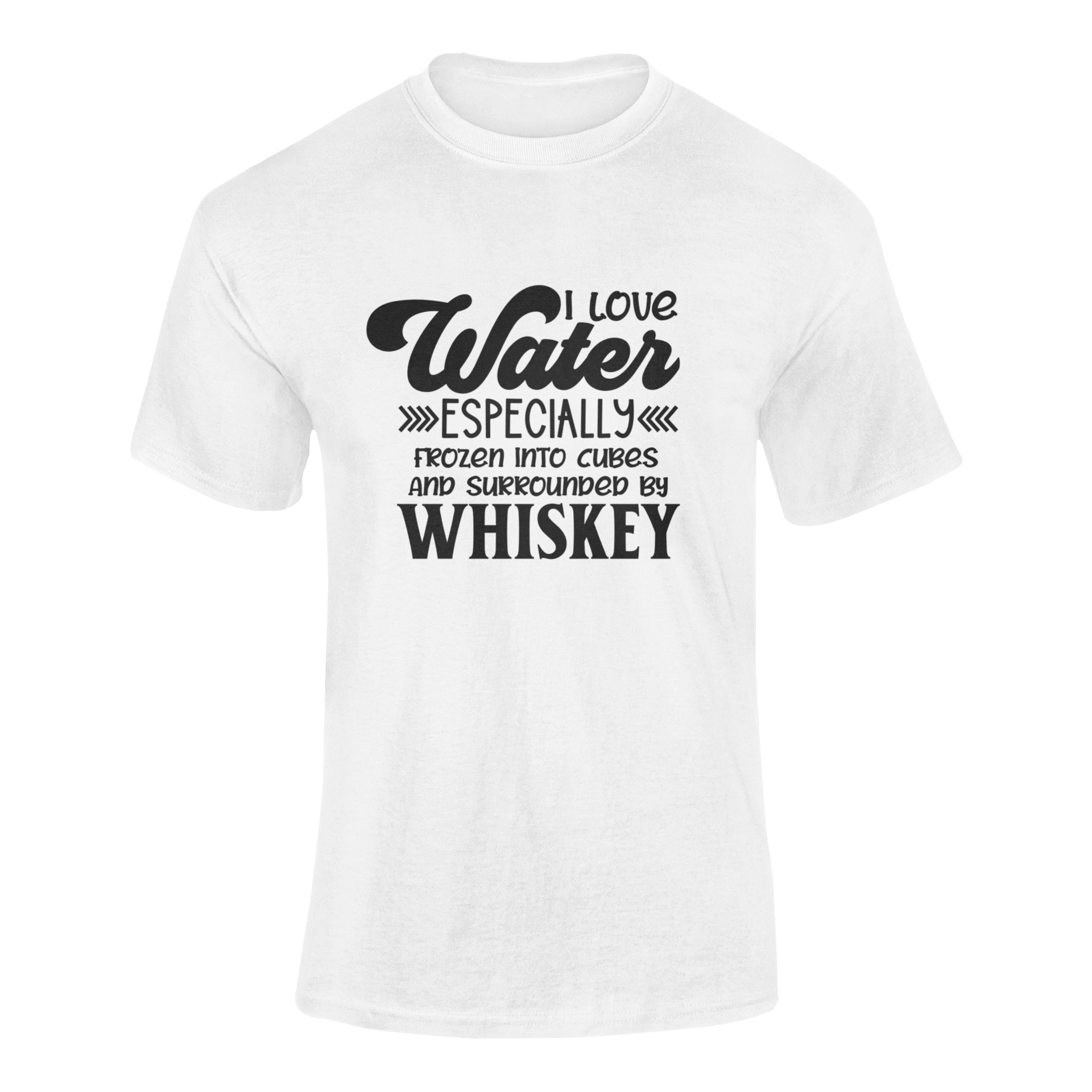 Design featuring the phrase I Love Ice, Especially Frozen Into Cubes and Surrounded by Whiskey, perfect for whiskey lovers. Ghosted mockup shown in white.