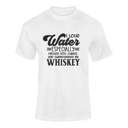 Design featuring the phrase I Love Ice, Especially Frozen Into Cubes and Surrounded by Whiskey, perfect for whiskey lovers. Ghosted mockup shown in white.