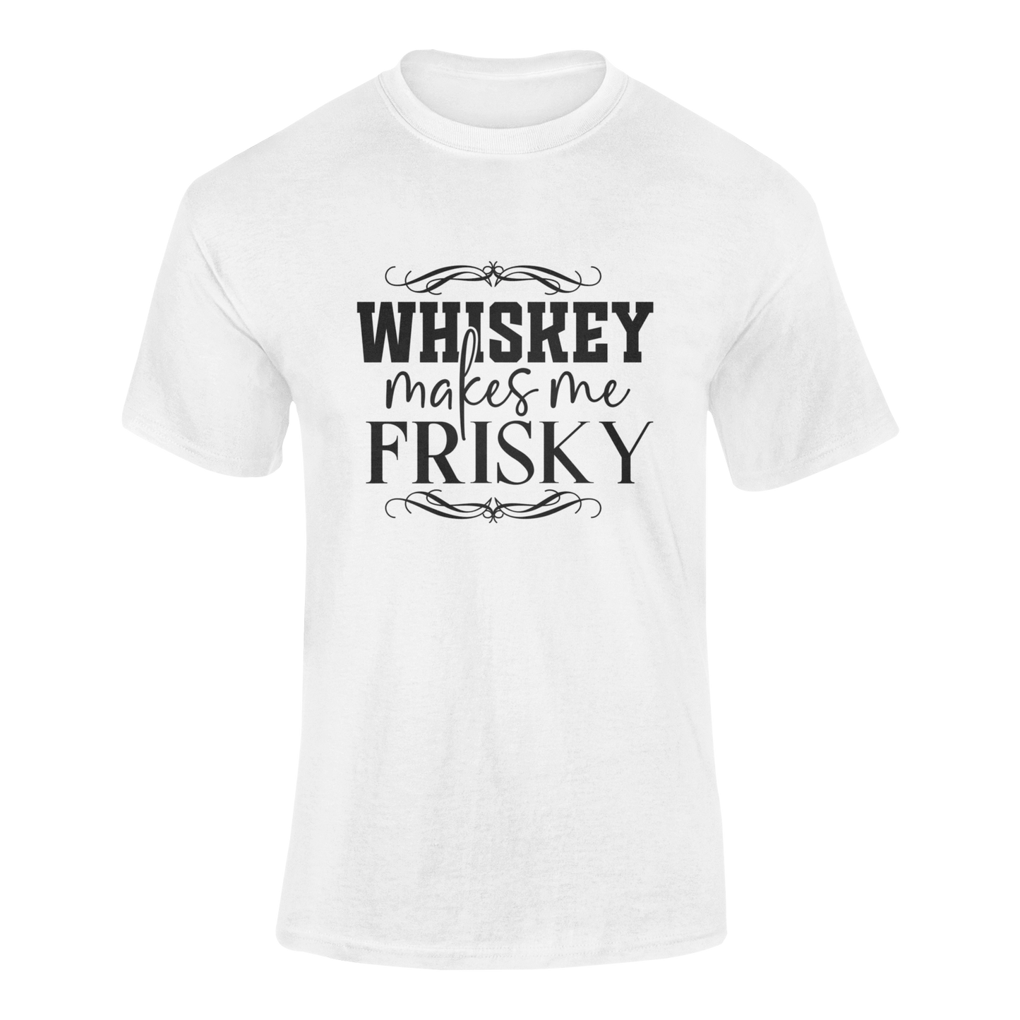 Design featuring the phrase Whiskey Makes Me Frisky, ideal for whiskey lovers who enjoy a little fun with their drink. Ghosted mockup shown in white.