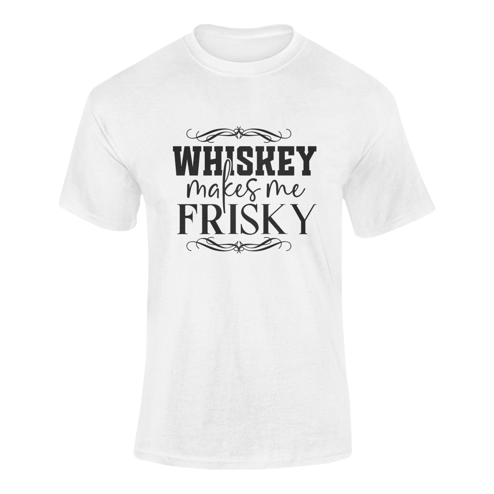 Design featuring the phrase Whiskey Makes Me Frisky, ideal for whiskey lovers who enjoy a little fun with their drink. Ghosted mockup shown in white.