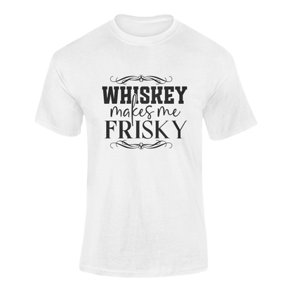 Design featuring the phrase Whiskey Makes Me Frisky, ideal for whiskey lovers who enjoy a little fun with their drink. Ghosted mockup shown in white.