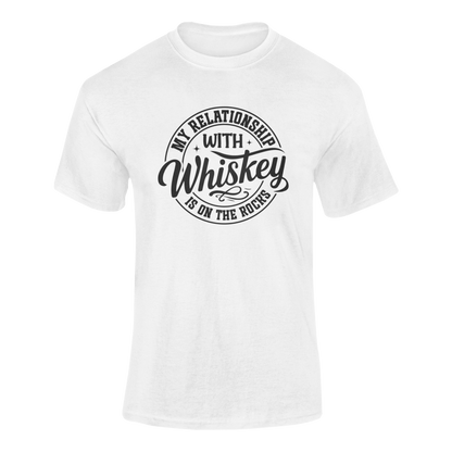 Design featuring the phrase My Relationship With Whiskey Is On The Rocks, ideal for whiskey lovers who enjoy a chilled pour. Ghosted mockup shown in white.