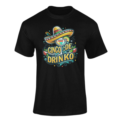 Cinco De Drinko design featuring a sombrero, margarita glass, lime, and festive decorations. Ghosted mockup.