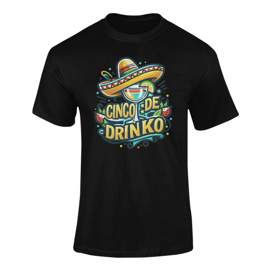 Cinco De Drinko design featuring a sombrero, margarita glass, lime, and festive decorations. Ghosted mockup.