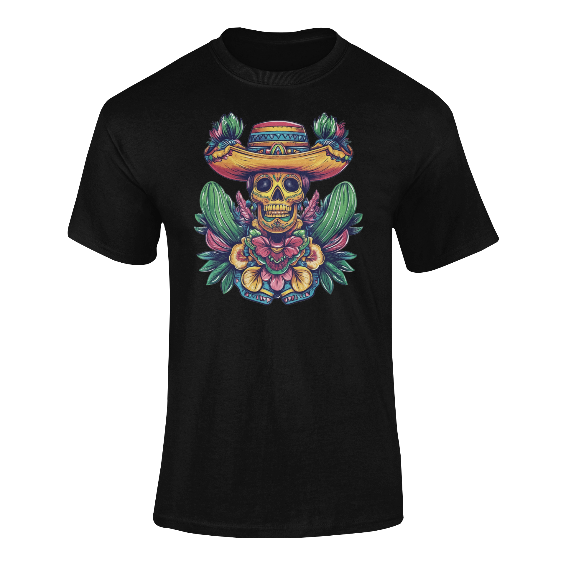 Fiesta sugar skull wearing a sombrero, surrounded by colorful flowers and cactus accents. Ghosted mockup.